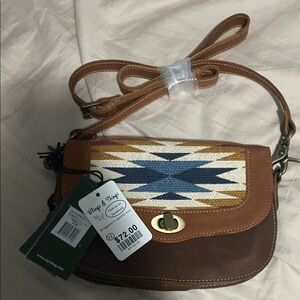 Myra Bag Brown and Tan Crossbody with Blue Pattern